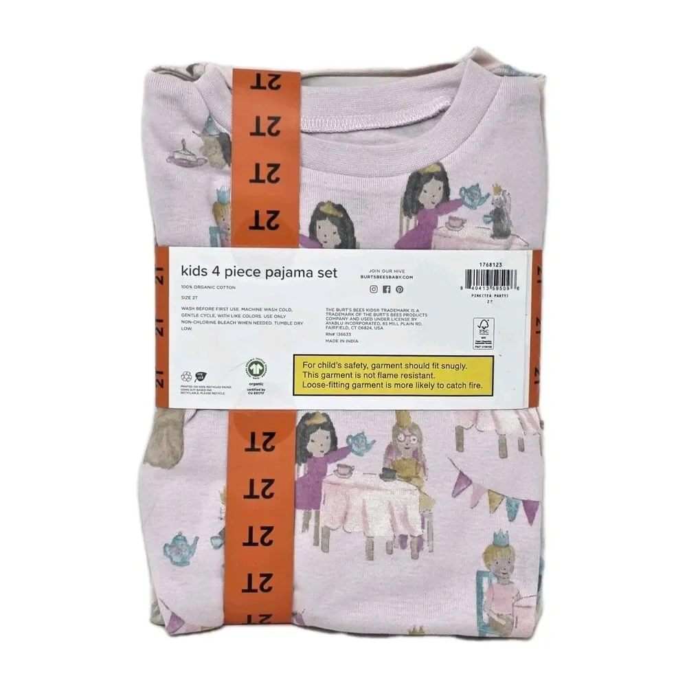 Burt's Bees 4pc Pajama Set 100% Organic Cotton Unicorn Tea Party Pink Girls 2T